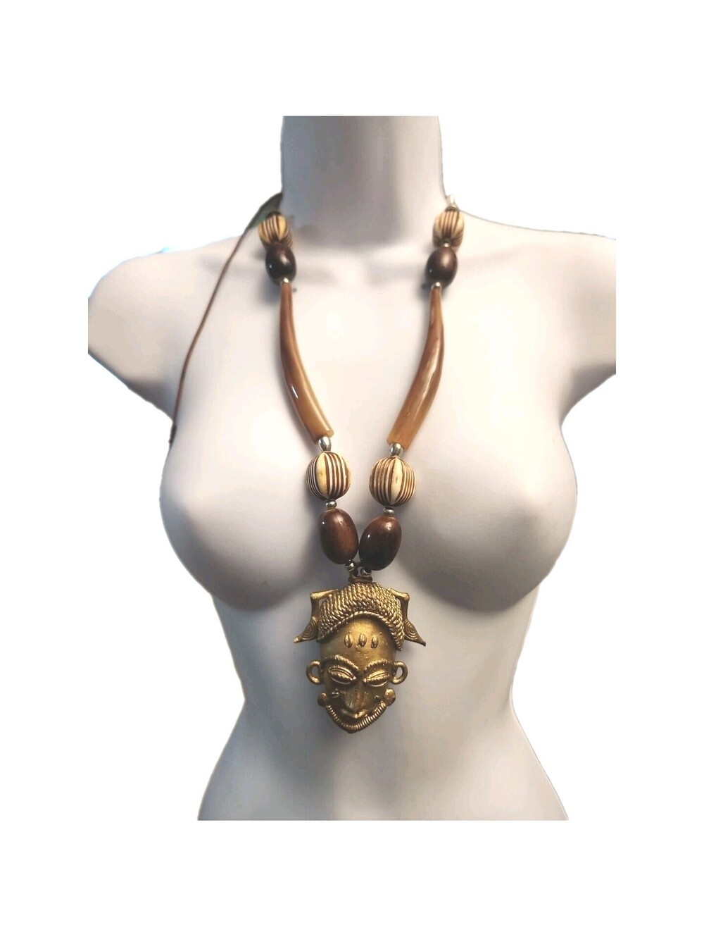 Rare African Ethnic Vintage BRASS N Bone MASK PENDANT  Adjustable Necklace